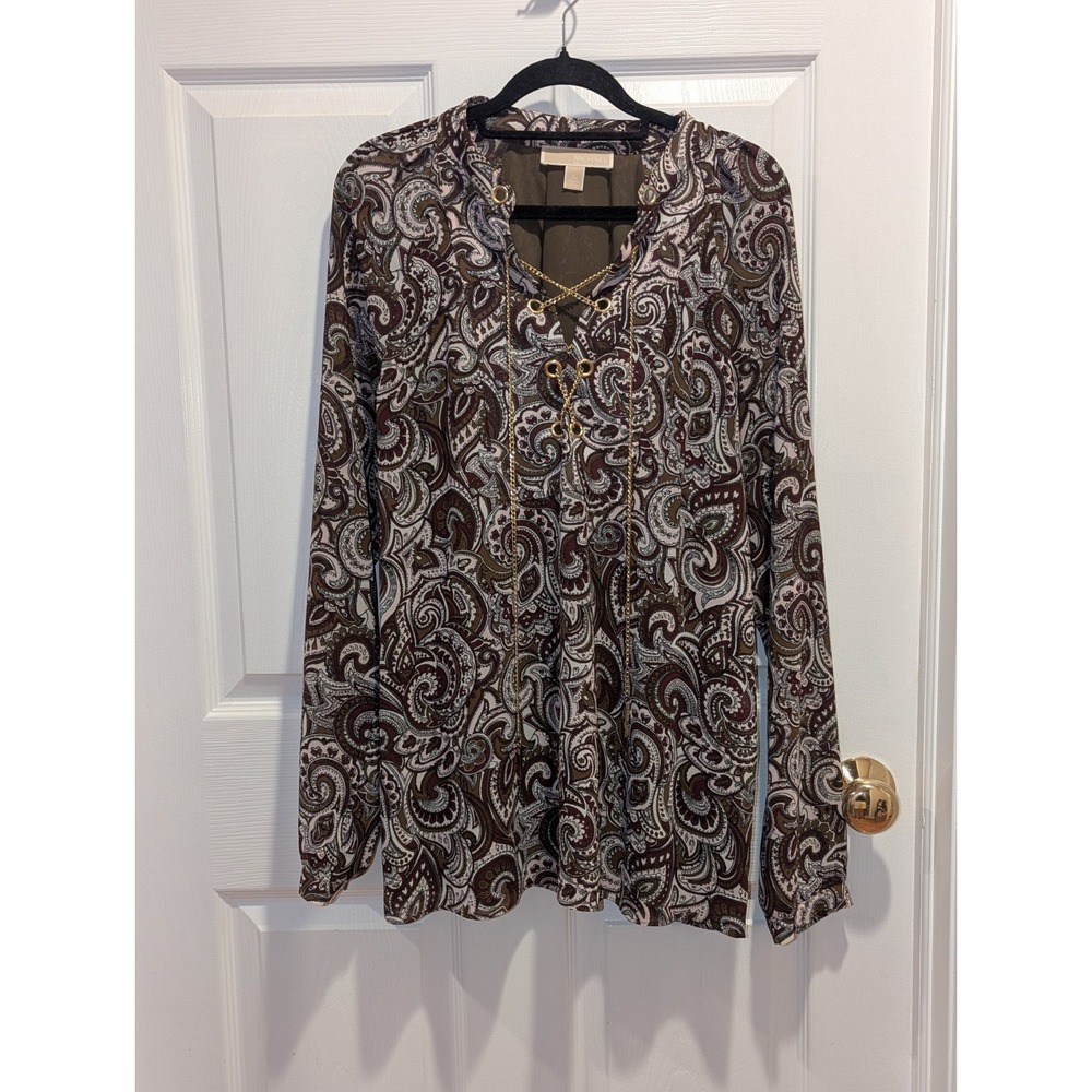 Dark‎ Academia Boho Paisley Lace-Up Blouse XL Michael Kors Gold Chain